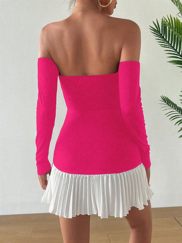 1pc Women's Sleeveless Patchwork Ruched Bodycon Dress In Black & White