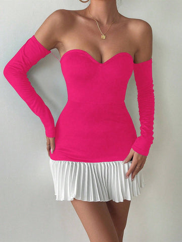 1pc Women's Sleeveless Patchwork Ruched Bodycon Dress In Black & White