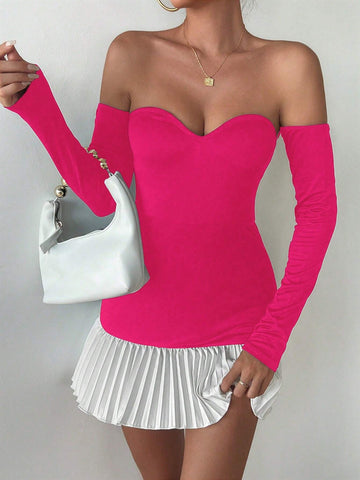 1pc Women's Sleeveless Patchwork Ruched Bodycon Dress In Black & White