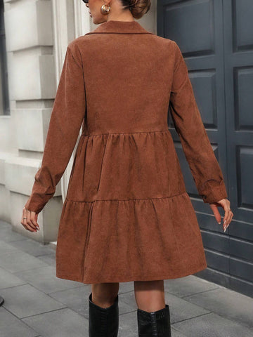 1pc Women's Solid Color Button Front Long Sleeve Pleated Casual Dress