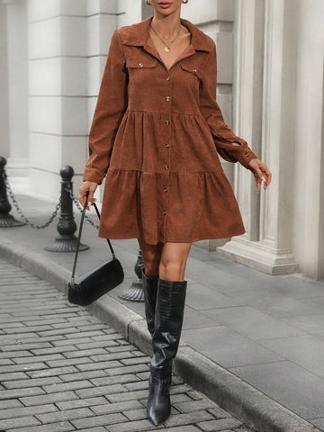 1pc Women's Solid Color Button Front Long Sleeve Pleated Casual Dress