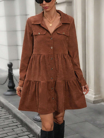 1pc Women's Solid Color Button Front Long Sleeve Pleated Casual Dress