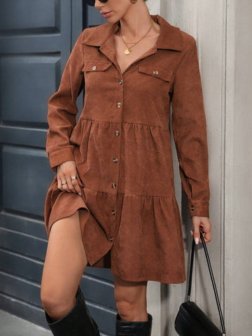 1pc Women's Solid Color Button Front Long Sleeve Pleated Casual Dress