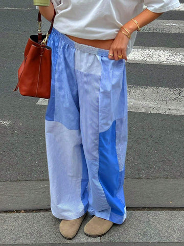 Essnce 2024 Spring/Summer New Blue And White Striped Splice Refreshing Women's Long Pants