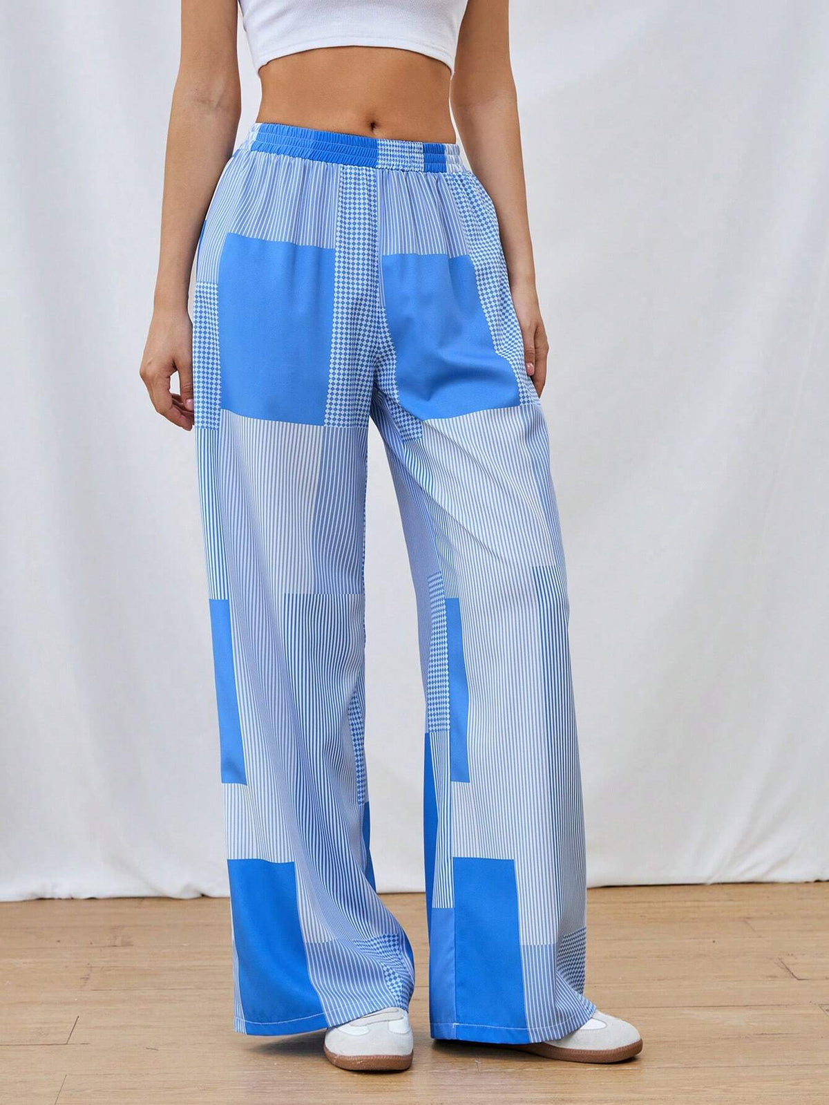 Essnce 2024 Spring/Summer New Blue And White Striped Splice Refreshing Women's Long Pants