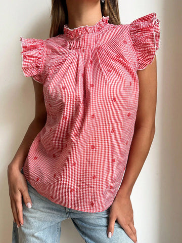 Essnce 2024 Spring/Summer Plaid Off-Shoulder Women's Blouse For Vacation And Picnic