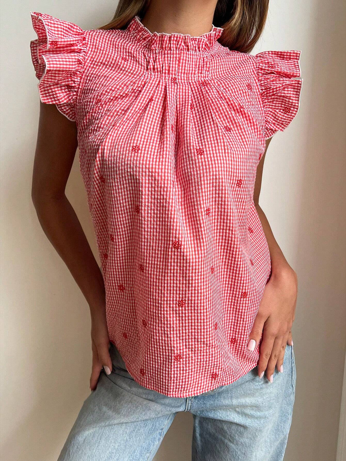 Essnce 2024 Spring/Summer Plaid Off-Shoulder Women's Blouse For Vacation And Picnic