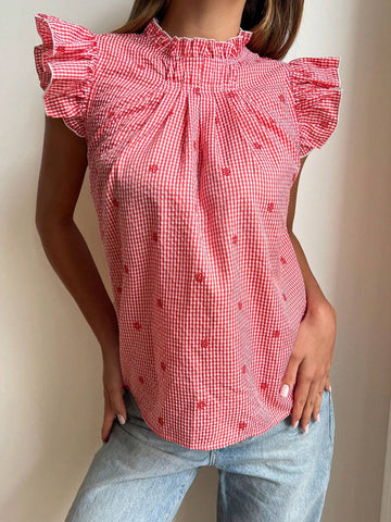 Essnce 2024 Spring/Summer Plaid Off-Shoulder Women's Blouse For Vacation And Picnic