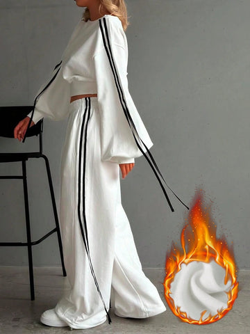 2 Piece Loose Women Striped Side Set, Pullover Sweatshirt And Sweatpants, Autumn/Winter