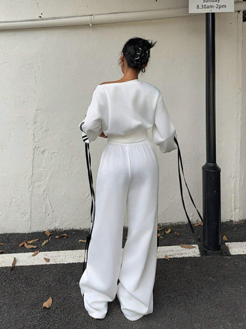 2 Piece Loose Women Striped Side Set, Pullover Sweatshirt And Sweatpants, Autumn/Winter