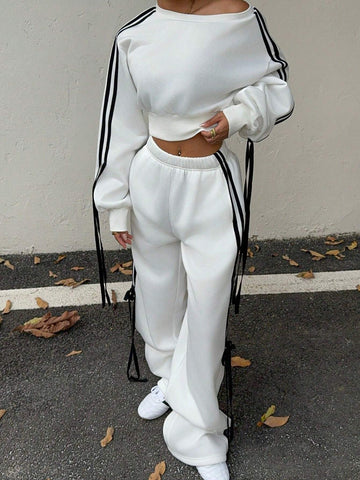 2 Piece Loose Women Striped Side Set, Pullover Sweatshirt And Sweatpants, Autumn/Winter