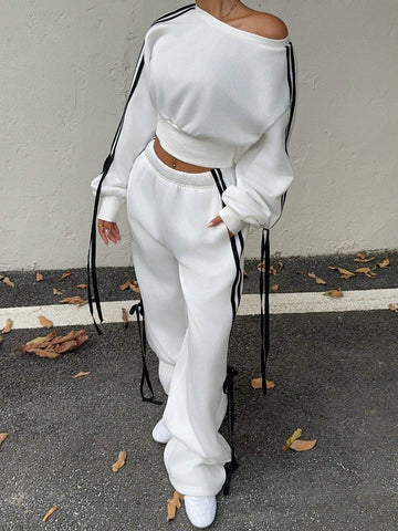 2 Piece Loose Women Striped Side Set, Pullover Sweatshirt And Sweatpants, Autumn/Winter