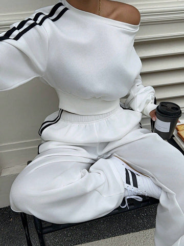 2 Piece Loose Women Striped Side Set, Pullover Sweatshirt And Sweatpants, Autumn/Winter