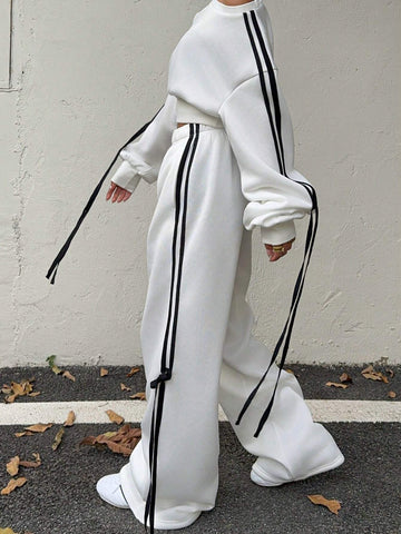 2 Piece Loose Women Striped Side Set, Pullover Sweatshirt And Sweatpants, Autumn/Winter
