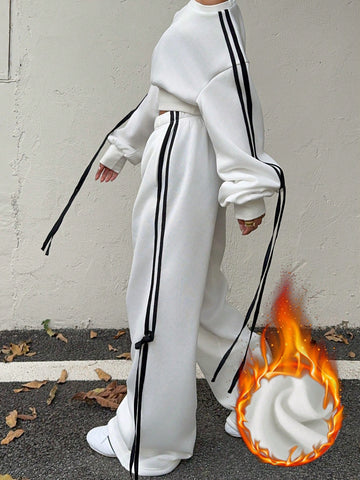 2 Piece Loose Women Striped Side Set, Pullover Sweatshirt And Sweatpants, Autumn/Winter
