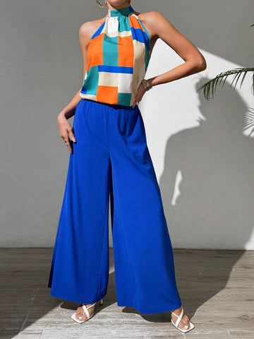 2pcs/Set Color-Blocked Halter Top And Solid Wide-Leg Pants With Suspenders