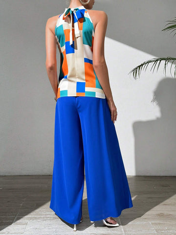 2pcs/Set Color-Blocked Halter Top And Solid Wide-Leg Pants With Suspenders
