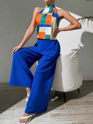 2pcs/Set Color-Blocked Halter Top And Solid Wide-Leg Pants With Suspenders