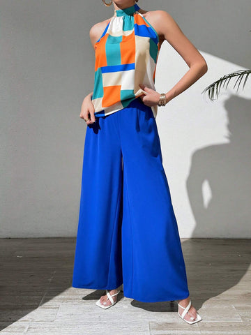 2pcs/Set Color-Blocked Halter Top And Solid Wide-Leg Pants With Suspenders
