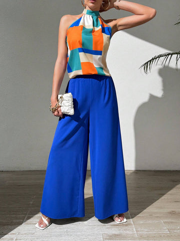 2pcs/Set Color-Blocked Halter Top And Solid Wide-Leg Pants With Suspenders