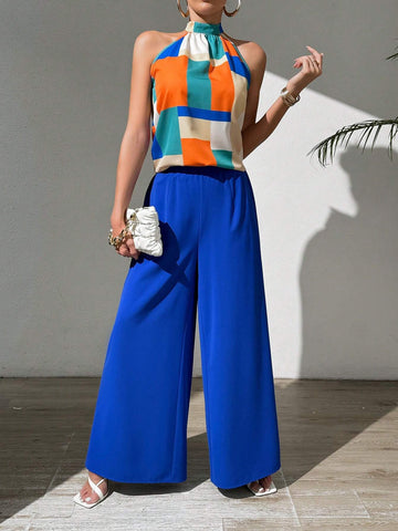 2pcs/Set Color-Blocked Halter Top And Solid Wide-Leg Pants With Suspenders