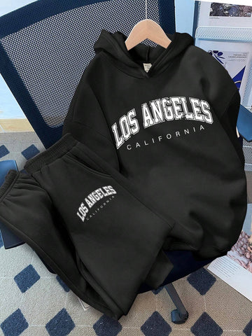 2pcs/Set Women Casual Hooded Long Sleeve Sweatshirt & Sweatpants Loungewear