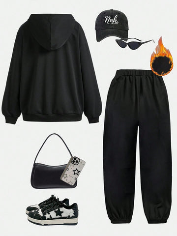 2pcs/Set Women Casual Hooded Long Sleeve Sweatshirt & Sweatpants Loungewear