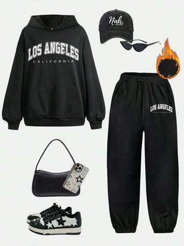 2pcs/Set Women Casual Hooded Long Sleeve Sweatshirt & Sweatpants Loungewear