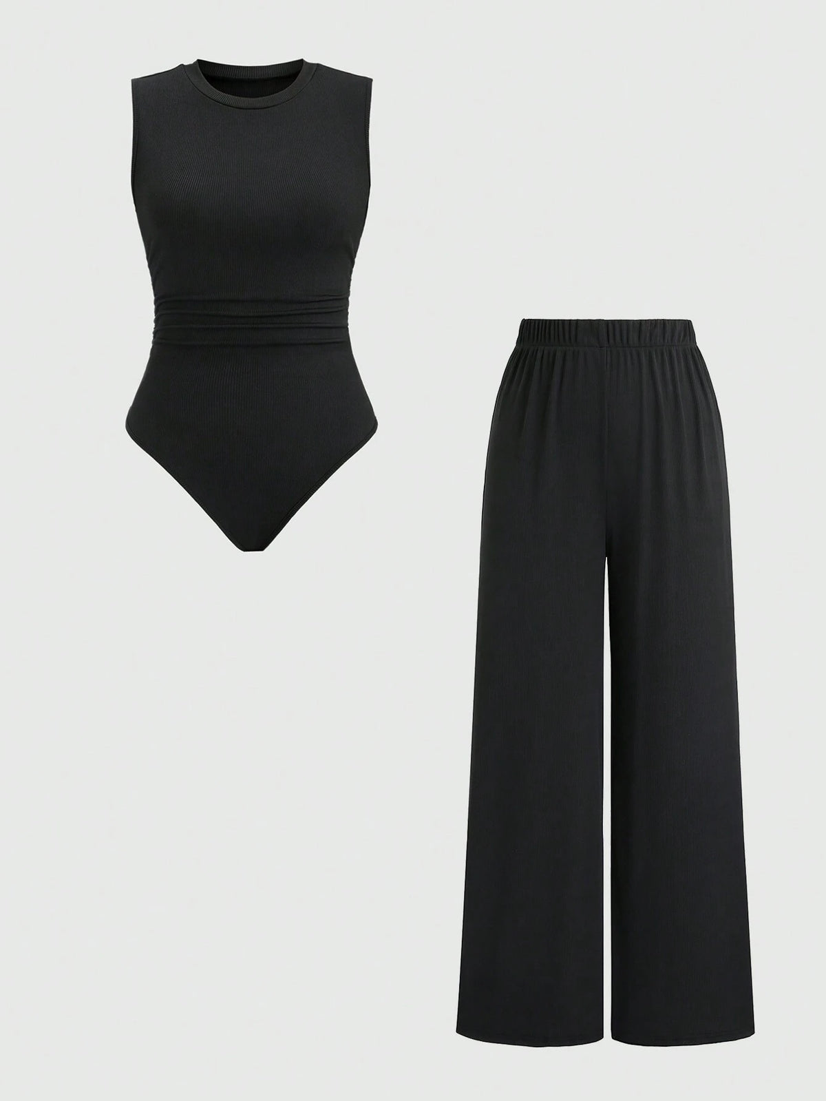 2pcs/Set Women Solid Color Round Neck Sleeveless Top And Casual Pants Suit