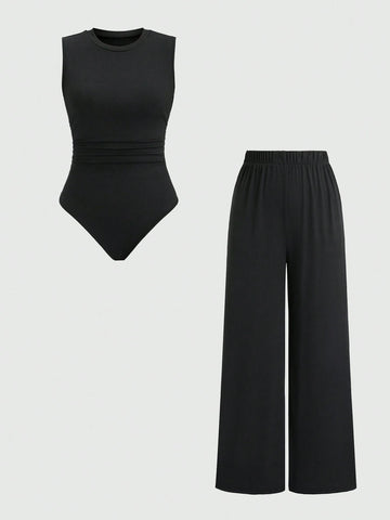 2pcs/Set Women Solid Color Round Neck Sleeveless Top And Casual Pants Suit