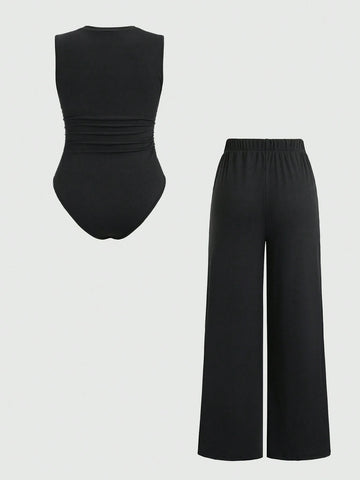 2pcs/Set Women Solid Color Round Neck Sleeveless Top And Casual Pants Suit