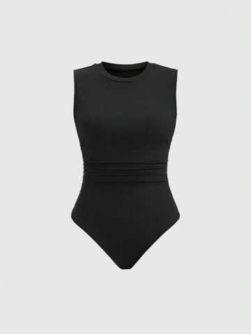 2pcs/Set Women Solid Color Round Neck Sleeveless Top And Casual Pants Suit