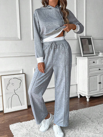 2pcs Casual Floral & Contrast Panel Pocketed Hoodie Sets