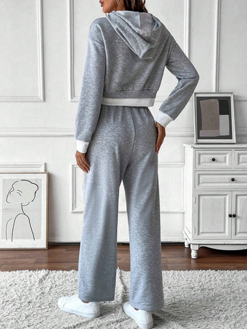 2pcs Casual Floral & Contrast Panel Pocketed Hoodie Sets