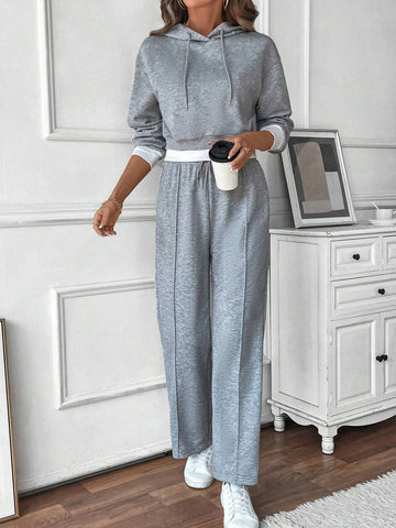 2pcs Casual Floral & Contrast Panel Pocketed Hoodie Sets