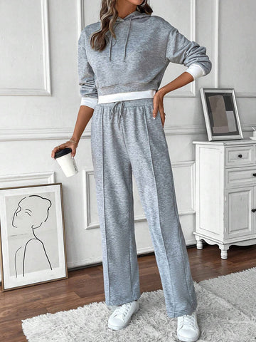 2pcs Casual Floral & Contrast Panel Pocketed Hoodie Sets