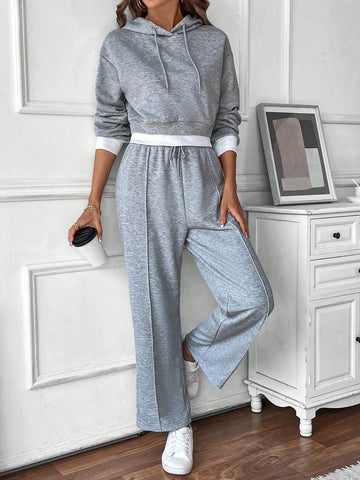 2pcs Casual Floral & Contrast Panel Pocketed Hoodie Sets