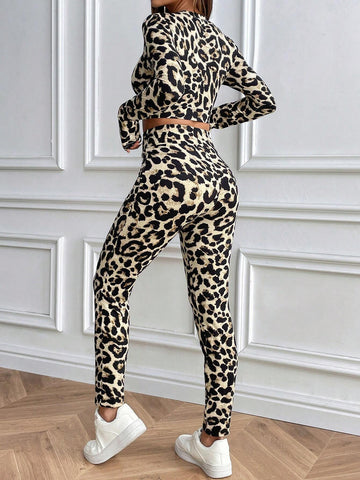 2pcs Leopard Print Long Sleeve Top And High Waisted Leggings Set For Women
