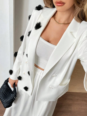 2pcs Women Business Fashion Casual Stand Collar Floral Double Breasted Blazer Jacket & Skirt Suit Set,White Suit Set,Women Outfit Sets,Winter Set,Long Sleeve Set,Two Piece Fall Sets, For Autumn/Winter