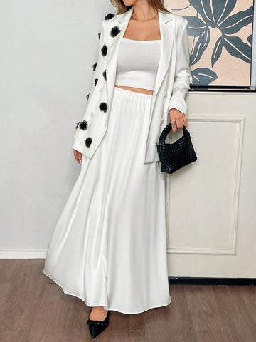 2pcs Women Business Fashion Casual Stand Collar Floral Double Breasted Blazer Jacket & Skirt Suit Set,White Suit Set,Women Outfit Sets,Winter Set,Long Sleeve Set,Two Piece Fall Sets, For Autumn/Winter