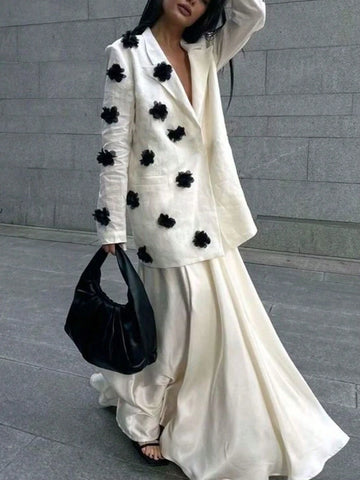 2pcs Women Business Fashion Casual Stand Collar Floral Double Breasted Blazer Jacket & Skirt Suit Set,White Suit Set,Women Outfit Sets,Winter Set,Long Sleeve Set,Two Piece Fall Sets, For Autumn/Winter