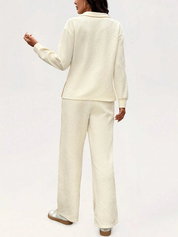 2pcs Women's Solid Color Long Sleeve Minimalist Top And Front-Tie Pants Casual Suit