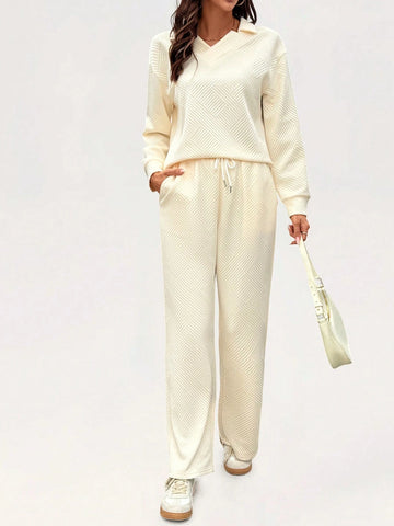 2pcs Women's Solid Color Long Sleeve Minimalist Top And Front-Tie Pants Casual Suit