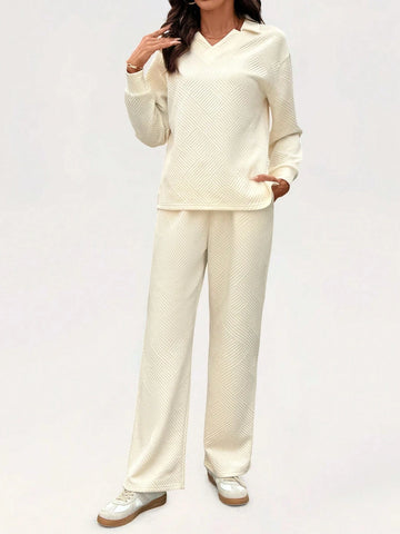 2pcs Women's Solid Color Long Sleeve Minimalist Top And Front-Tie Pants Casual Suit