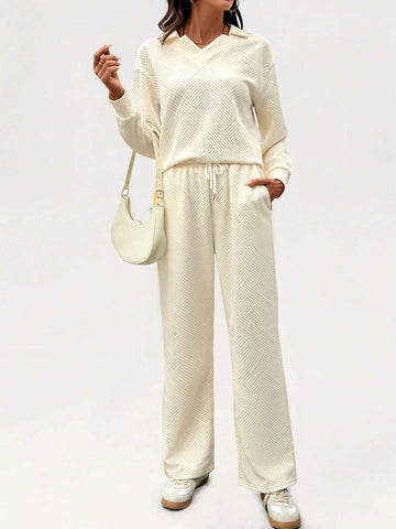 2pcs Women's Solid Color Long Sleeve Minimalist Top And Front-Tie Pants Casual Suit