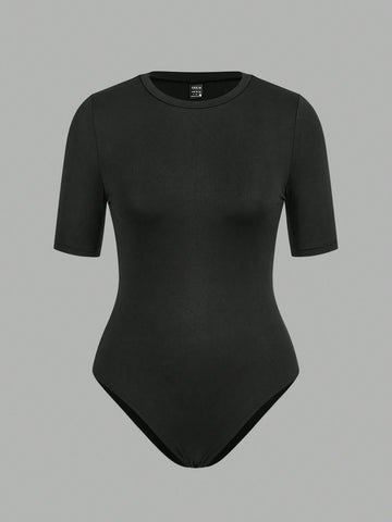 2pcs Women's Solid Color Round Neck Short Sleeve Bodysuit