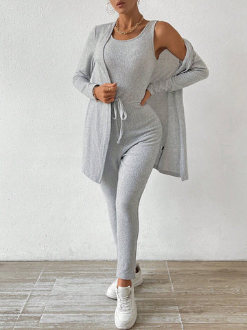 2pcs/set Women's Drawstring Vest Jumpsuit And Open Front Jacket