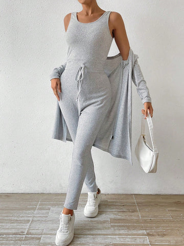 2pcs/set Women's Drawstring Vest Jumpsuit And Open Front Jacket