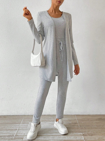 2pcs/set Women's Drawstring Vest Jumpsuit And Open Front Jacket
