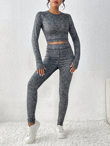2pcs/set Women's Knitted Long Sleeve Top And Leggings Set